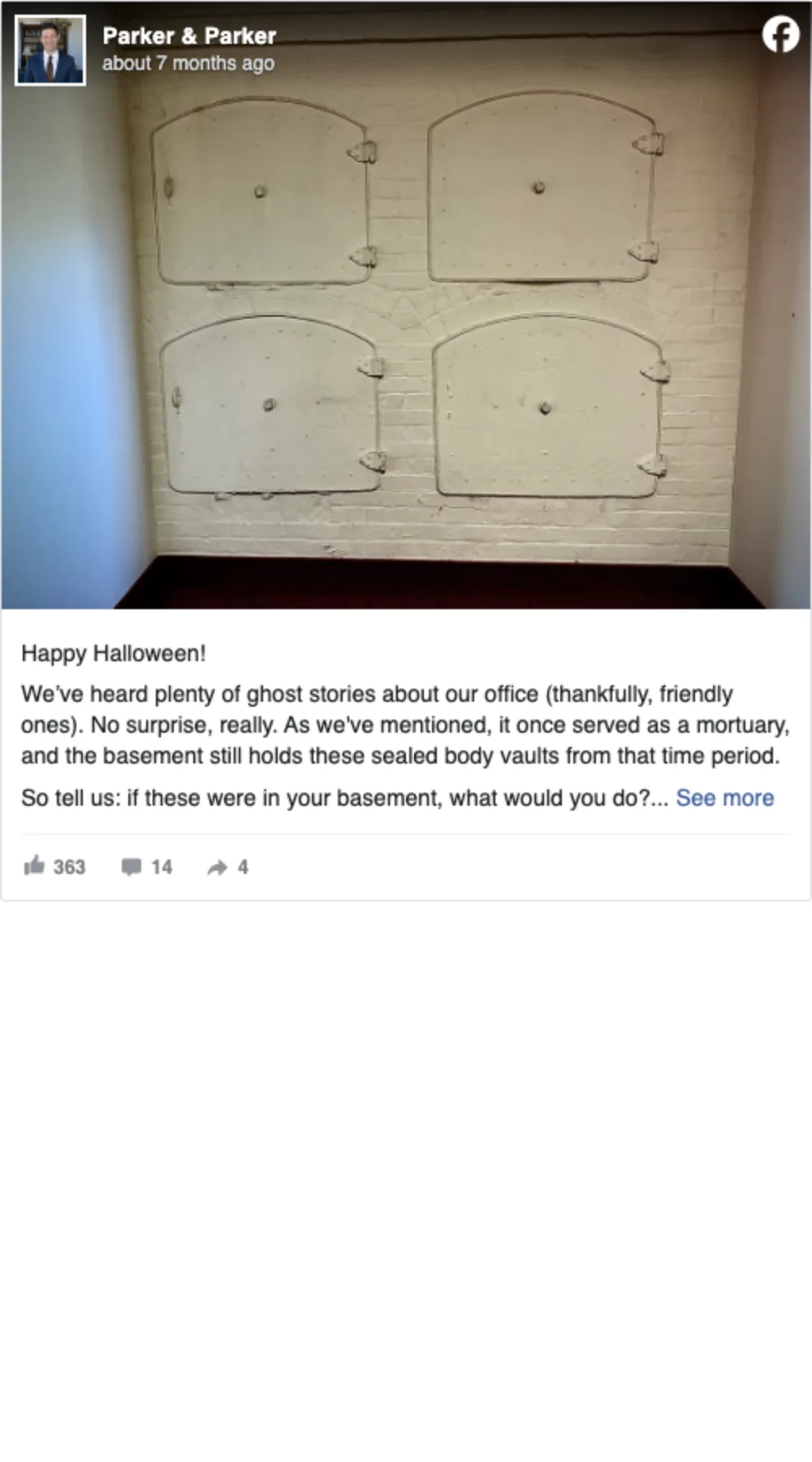 Parker & Parker Halloween Facebook post showing sealed body vaults from the building history