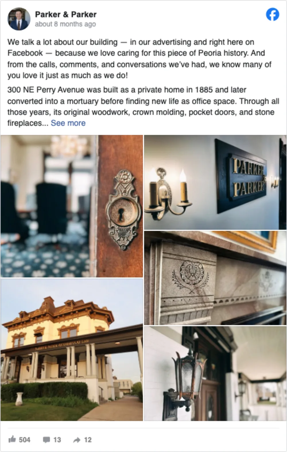Parker & Parker Facebook post about the history and details of the 300 NE Perry Avenue building