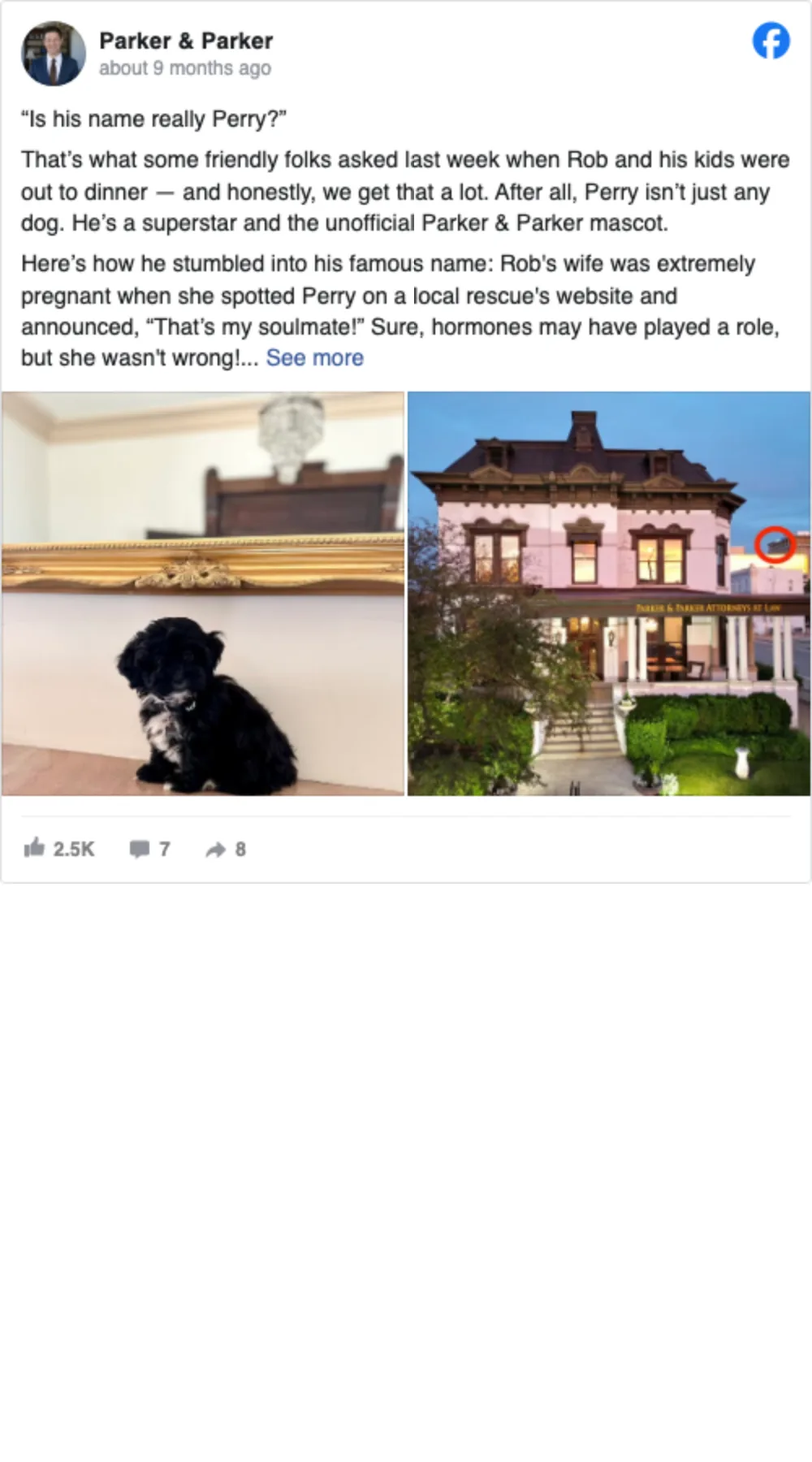 Parker & Parker Facebook post about Perry, the firm mascot, and the 300 NE Perry Avenue office