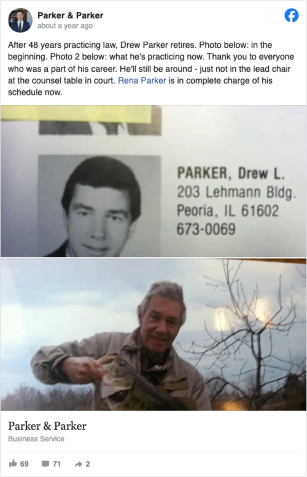 Parker & Parker Facebook post marking Drew Parker retirement after 48 years practicing law