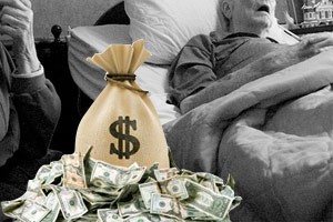 Elderly man on death bed with money bag