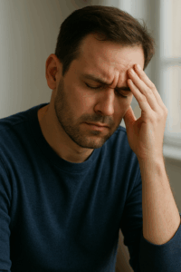 Man with headache touching his temple—fatigue and brain fog after a traumatic brain injury